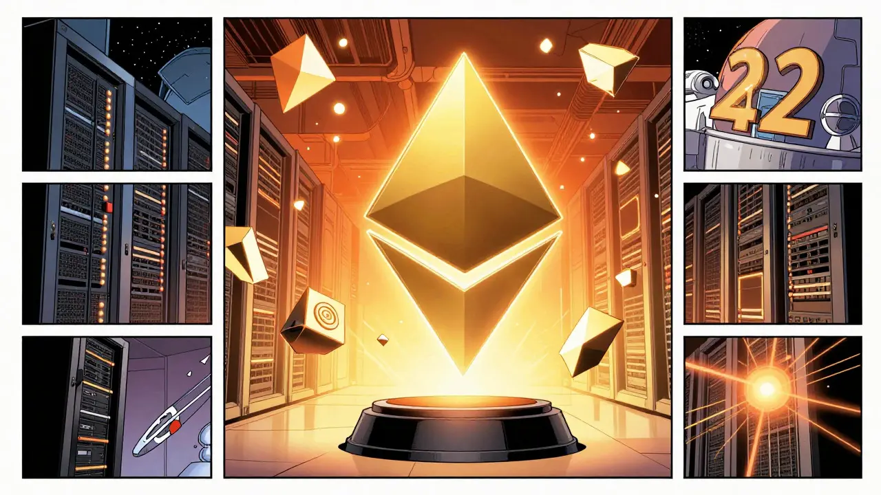 Glowing number 42 floating above futuristic servers representing Ethereum genesis