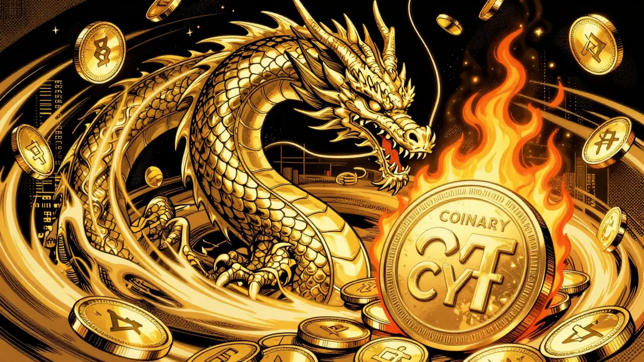 Golden dragon surrounded by burning coins and data streams