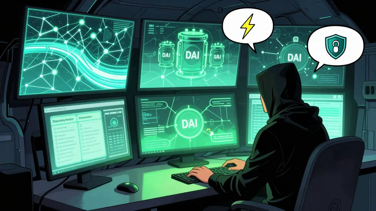 Graphic novel scene of user accessing DEX via Polygon network