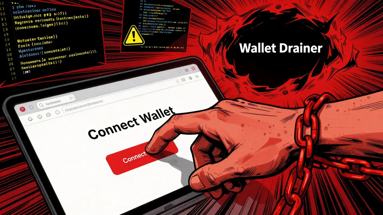 Hand connecting wallet while red chains pull it into a digital drain