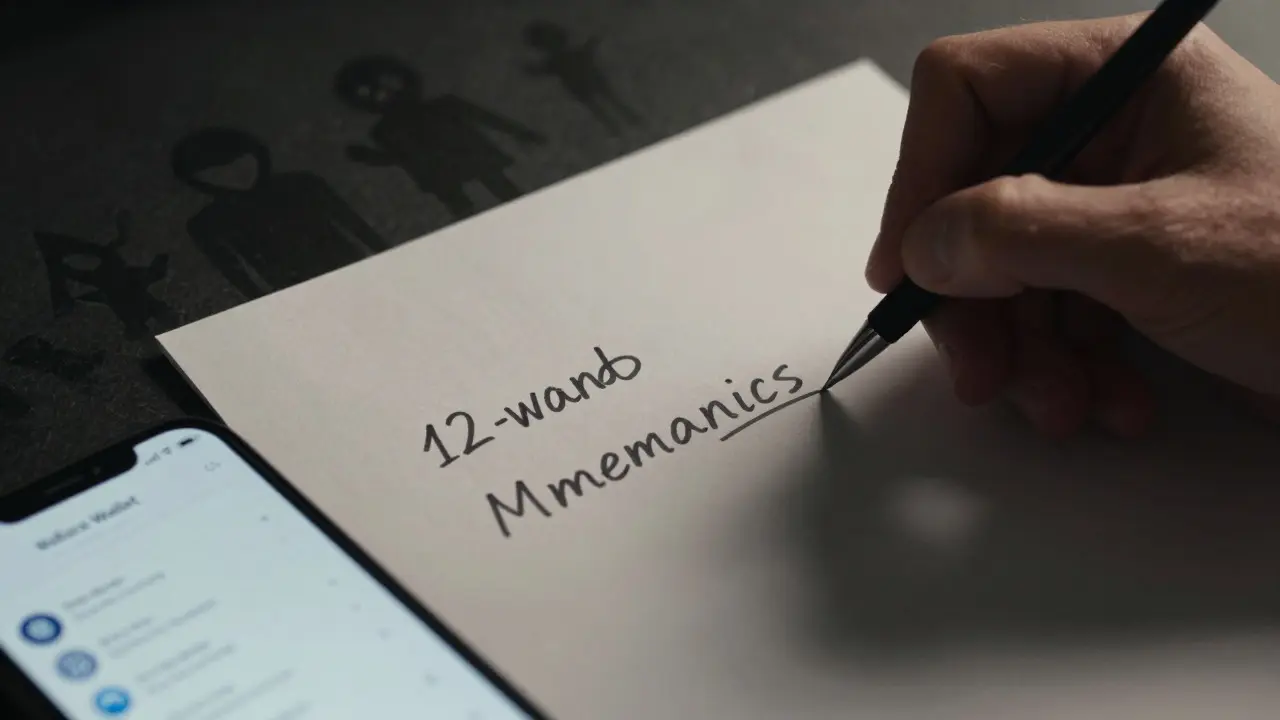 Hand writing seed phrase for wallet security on paper