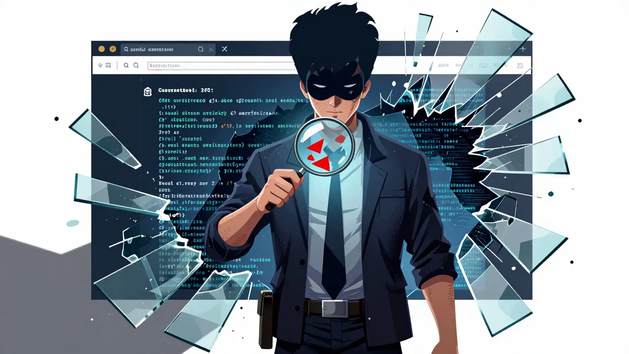 Hero inspecting contract code with magnifying glass against scam threats