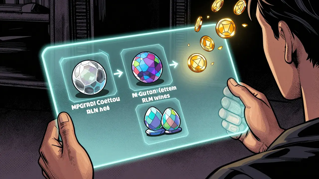 Holographic interface showing marble upgrades and breeding