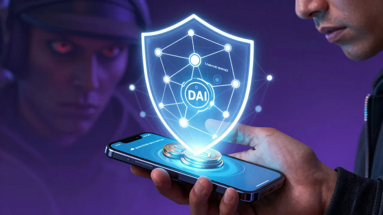 Illustration of DAI shield protecting funds from surveillance