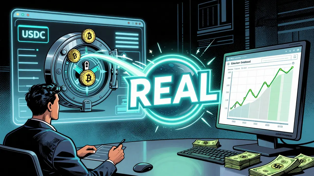 Investor funds flowing through a secure bridge to a small business