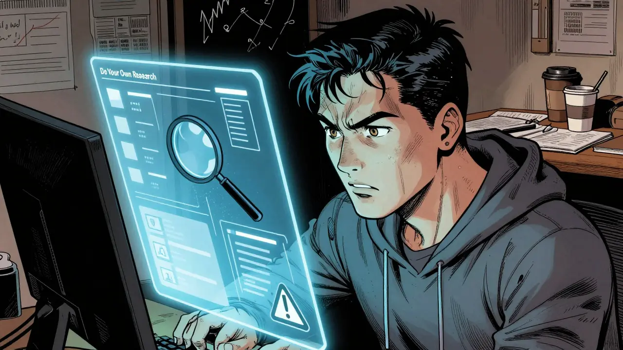 Investor researching crypto risks on a computer screen in graphic novel style.