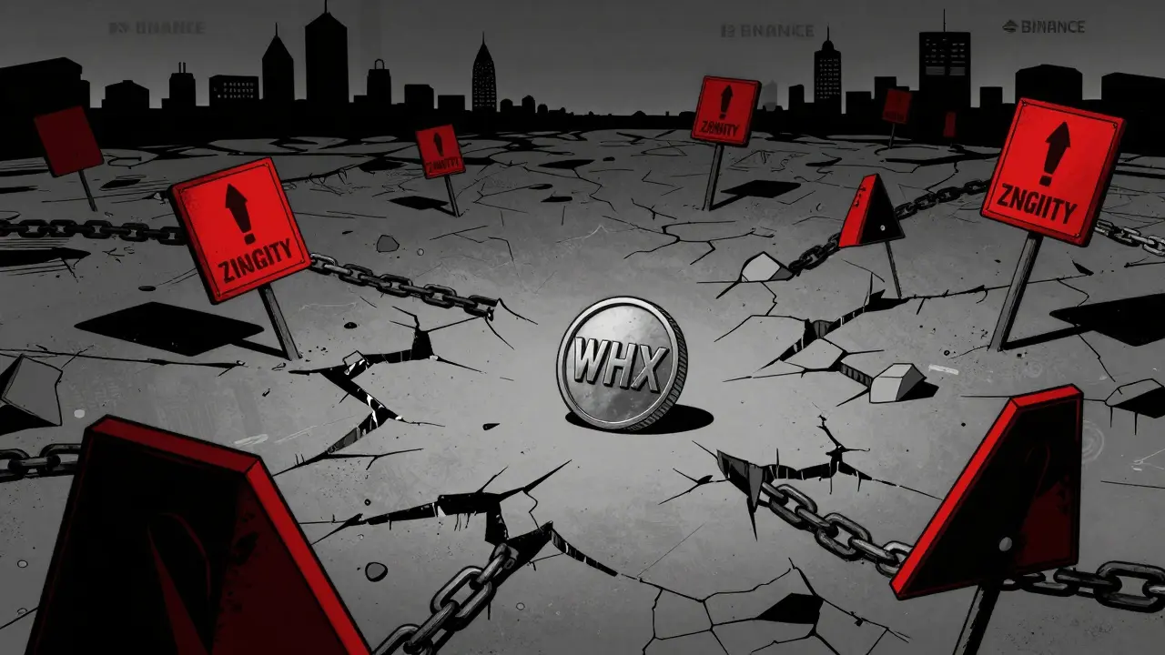 Isolated WHX token in barren landscape with warning signs