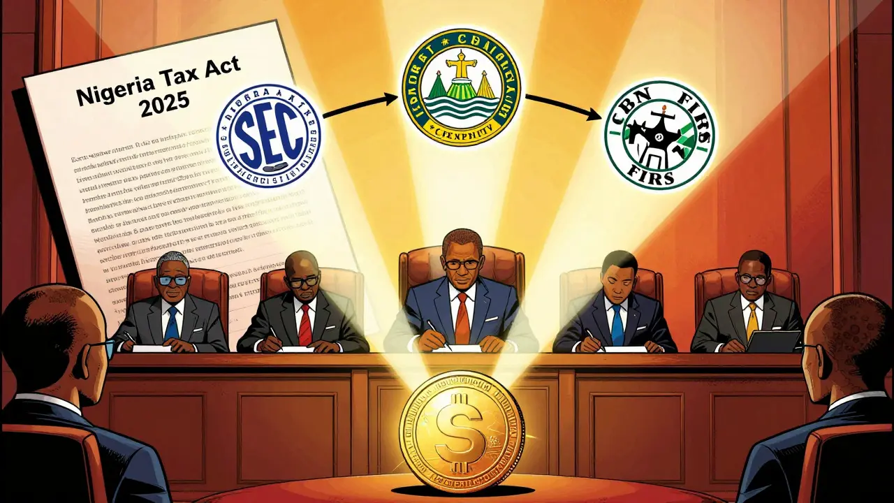 Legislators signing tax act, illuminating SEC, CBN, and FIRS logos
