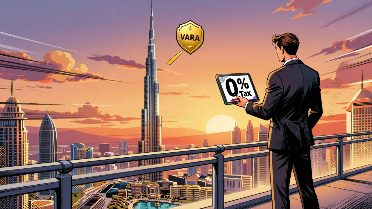 Professional in Dubai celebrating zero-tax crypto trading