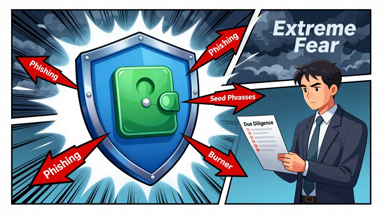 Shield protecting wallet from phishing attacks in comic art