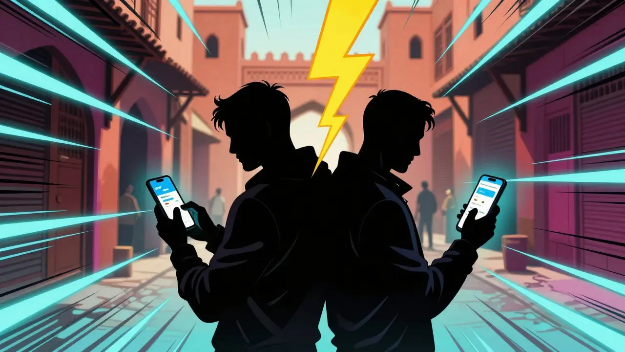 Silhouettes exchanging cash and crypto in a Moroccan alleyway