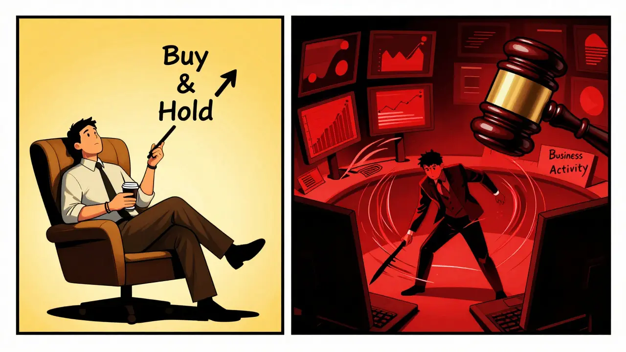 Split scene comparing passive investor vs active trader