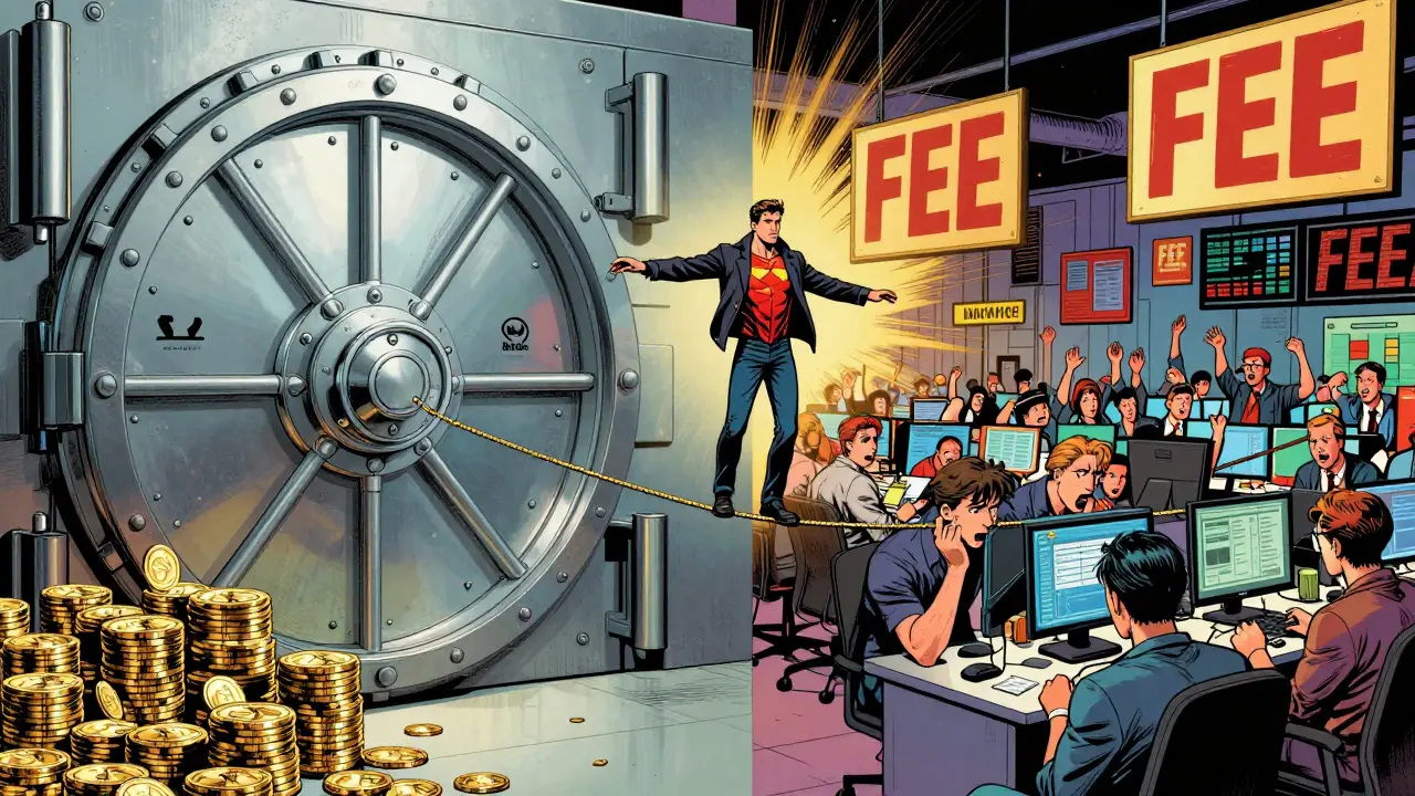 Split scene of secure vault vs high-fee trading chaos