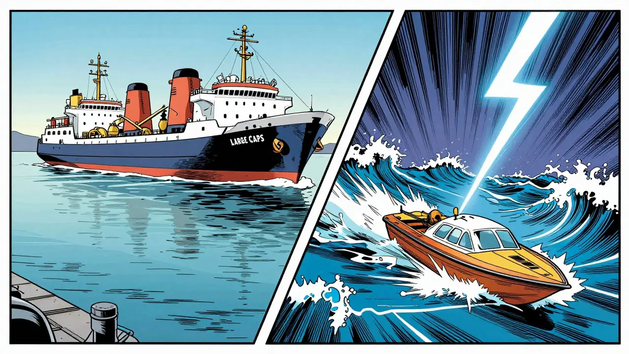 Split screen showing safe large ships vs risky small boats in stormy seas
