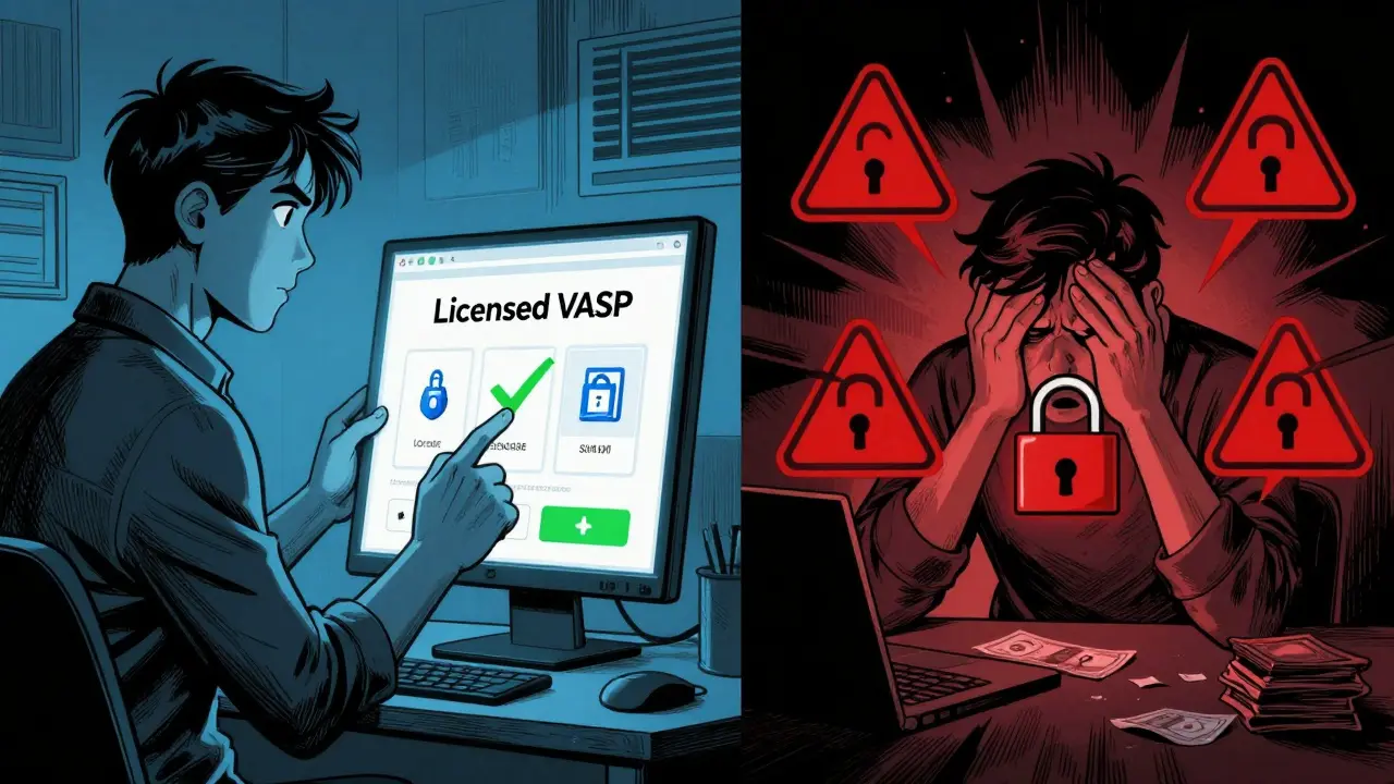 Split view: safe licensed exchange vs risky offshore platform