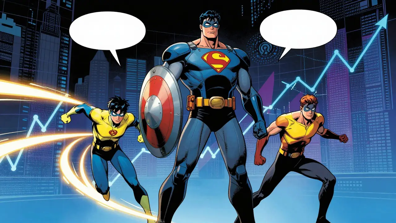 Superhero duo representing balanced large-cap and small-cap investment strategy