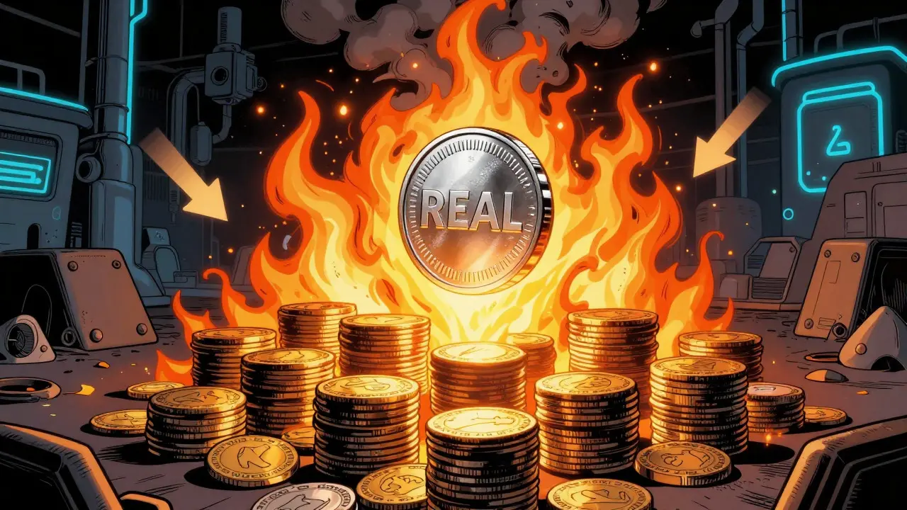 Tokens being burned in a furnace to increase scarcity of remaining assets