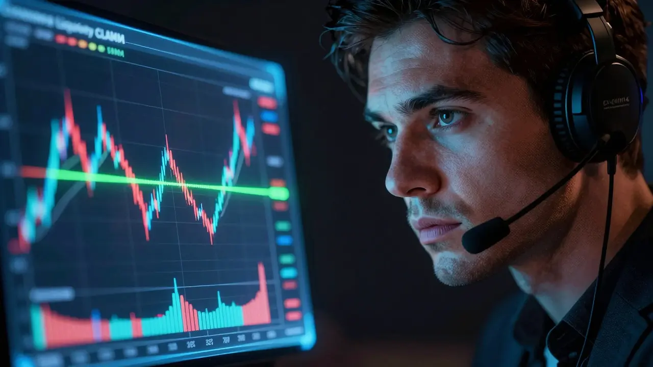 Trader analyzing volatile holographic chart with narrow green price range