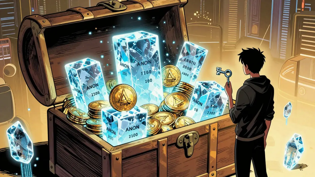 Treasure chest with vested ANON tokens and icy blocks in graphic novel style