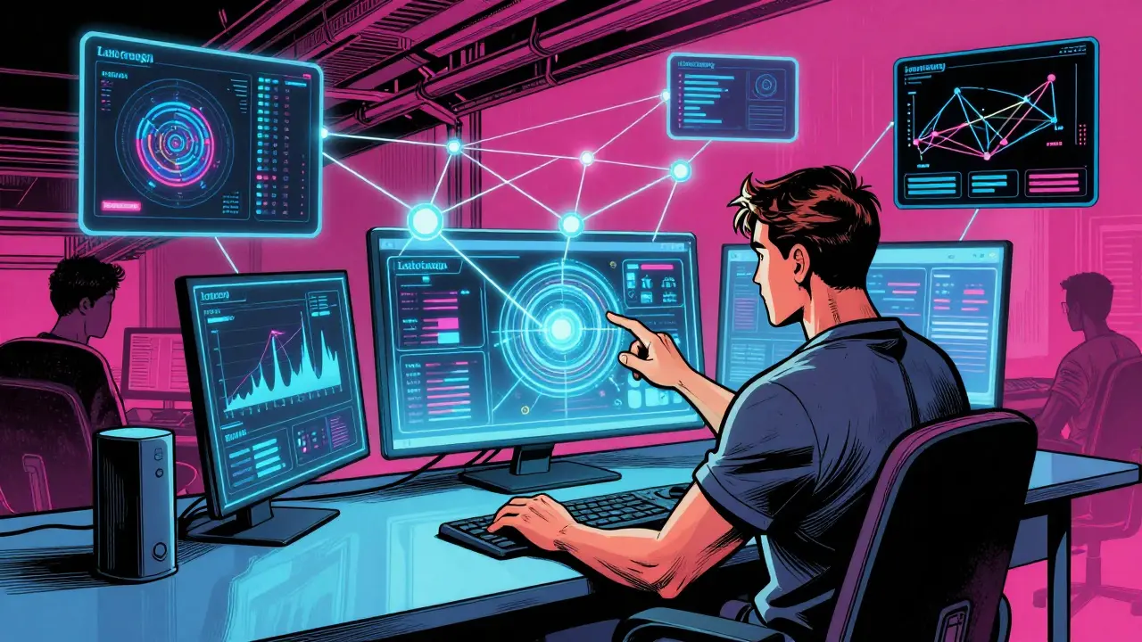 User interacting with DeFi holograms, graphic novel art