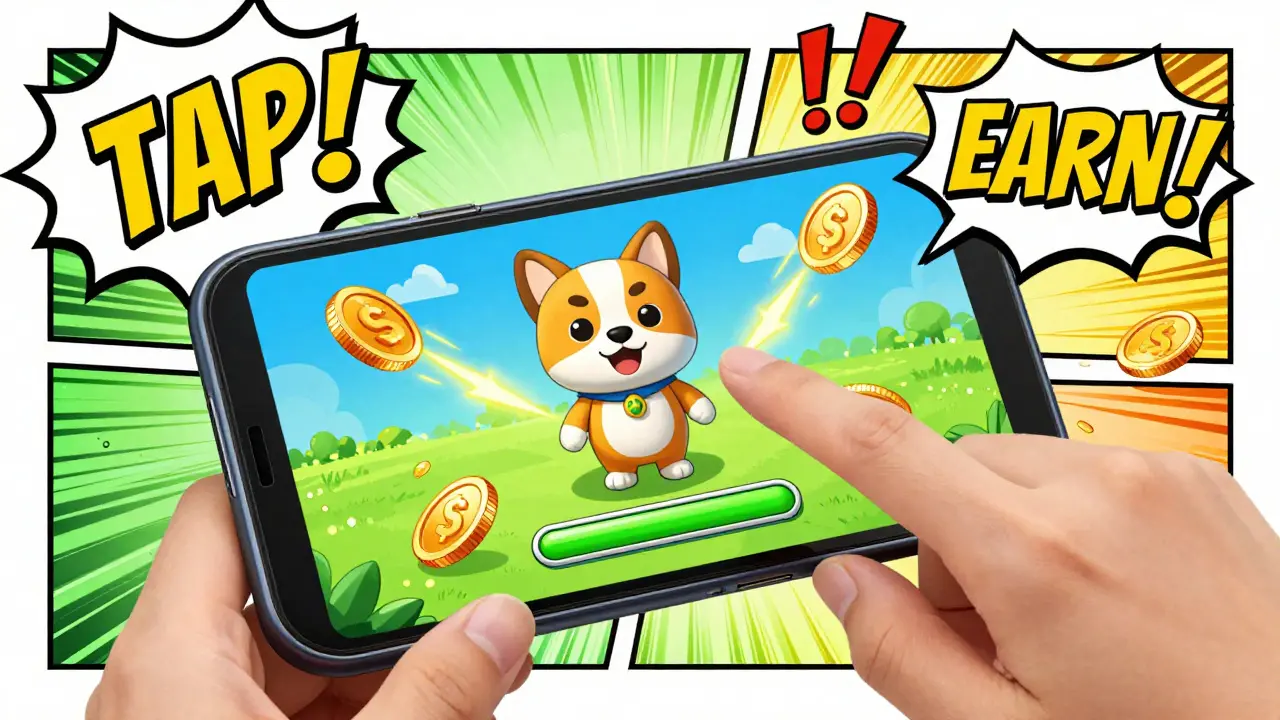 User tapping smartphone screen playing colorful PAWS tap-to-earn game