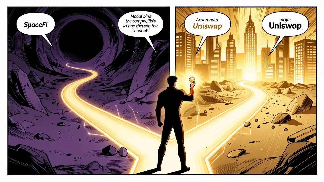 A comic book character standing at a crossroads, choosing between a risky narrow path and a safe, bright main road.
