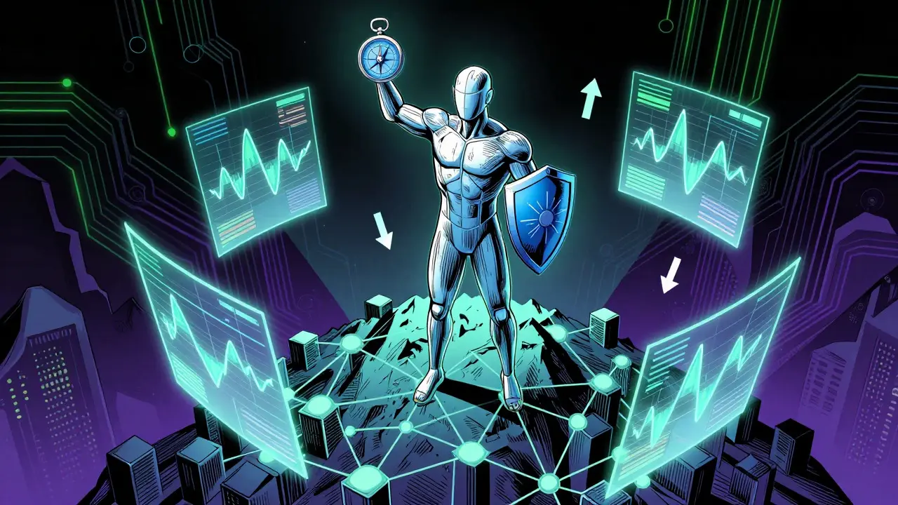A detective-like figure analyzes blockchain data streams and trend arrows from above in a comic book illustration.