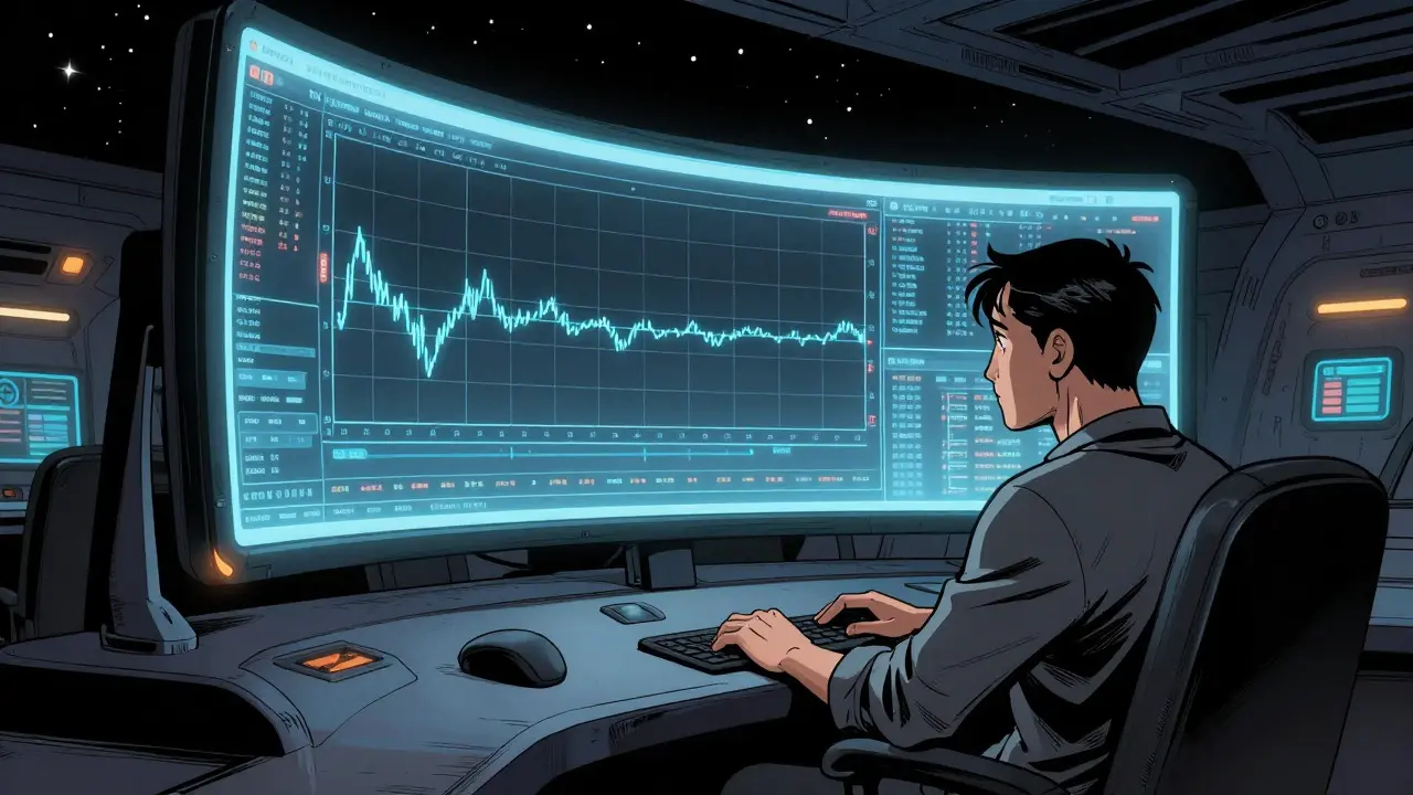 A graphic novel scene of a lonely trader in a spaceship cockpit viewing a quiet, low-activity trading screen.