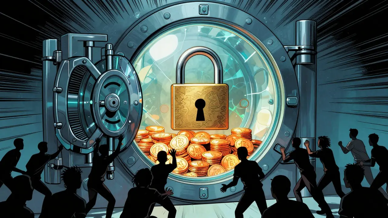 A sealed crystal vault containing millions of coins with a crowd pressing against the door.