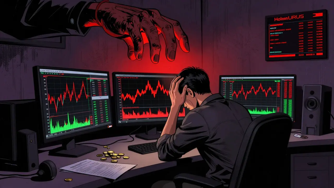 A stressed trader at a desk with volatile charts and an ominous hand reaching down.