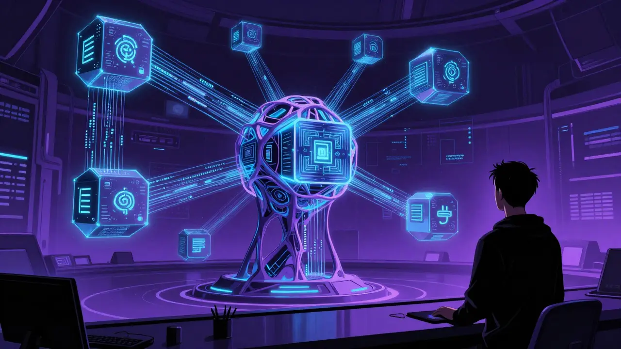 AI and blockchain merging in a futuristic comic book control room