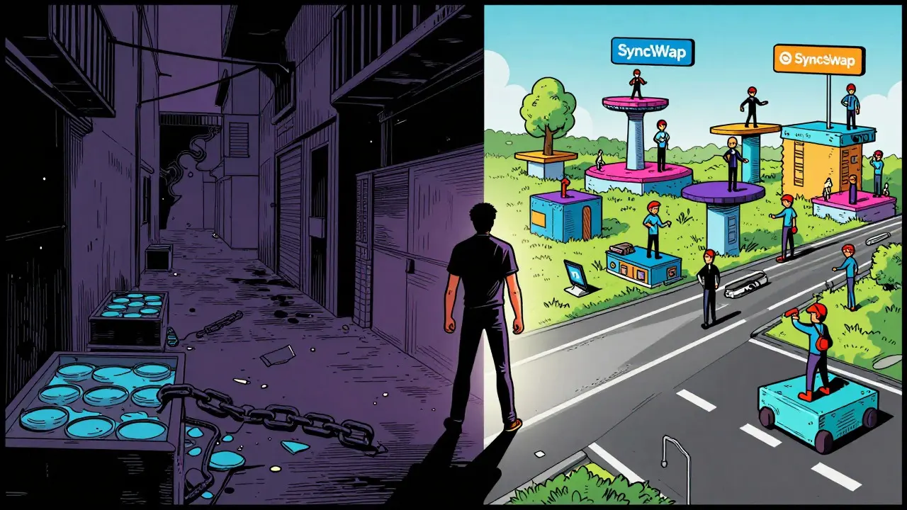 Character choosing between risky path and established crypto highway