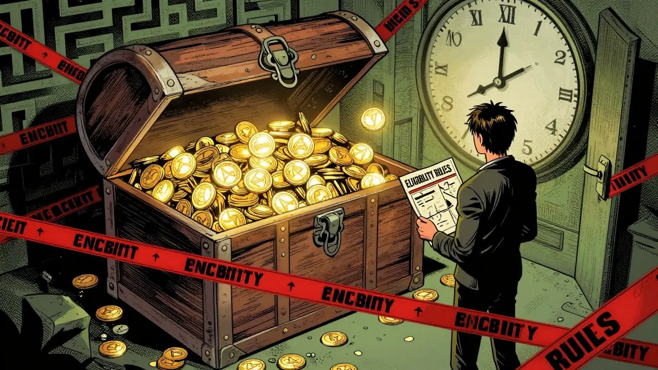 Character navigating a maze of rules towards a chest of KALA tokens