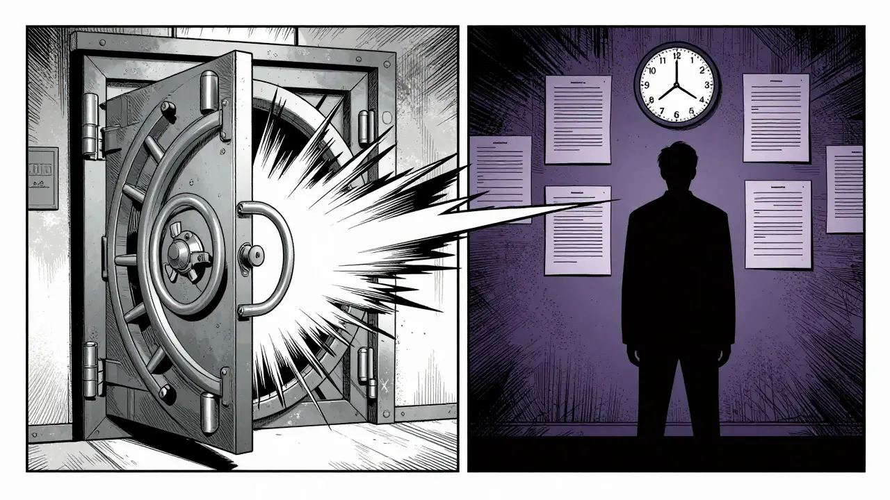Comic art showing a bank vault closing and a person facing legal documents and a clock