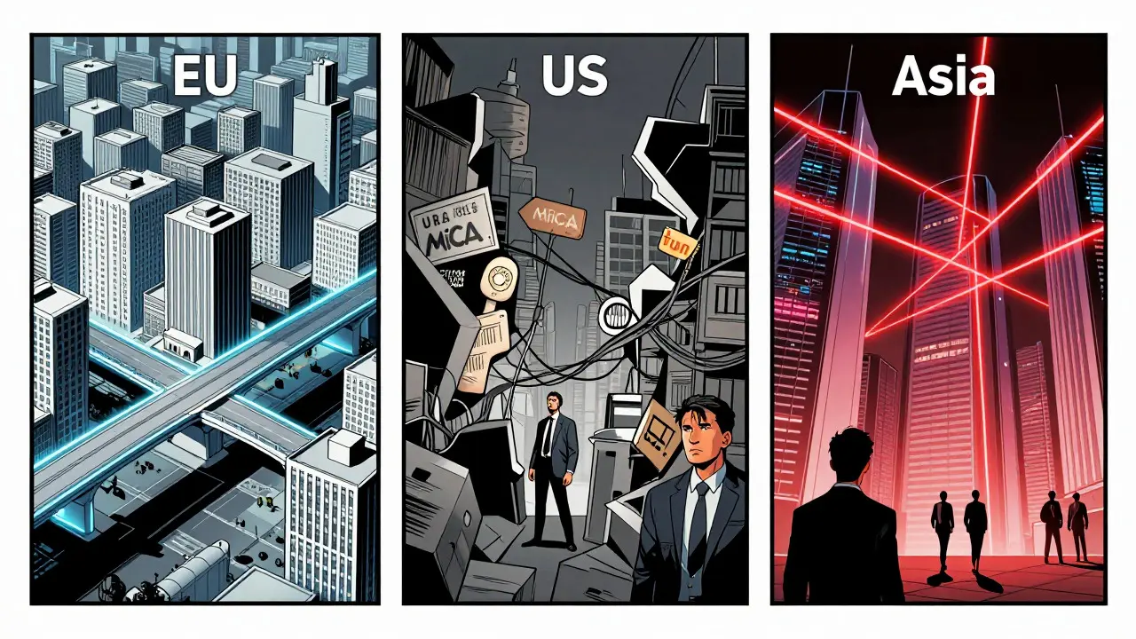 Comic book cityscape divided into EU, US, and Asian zones illustrating different crypto regulation complexities