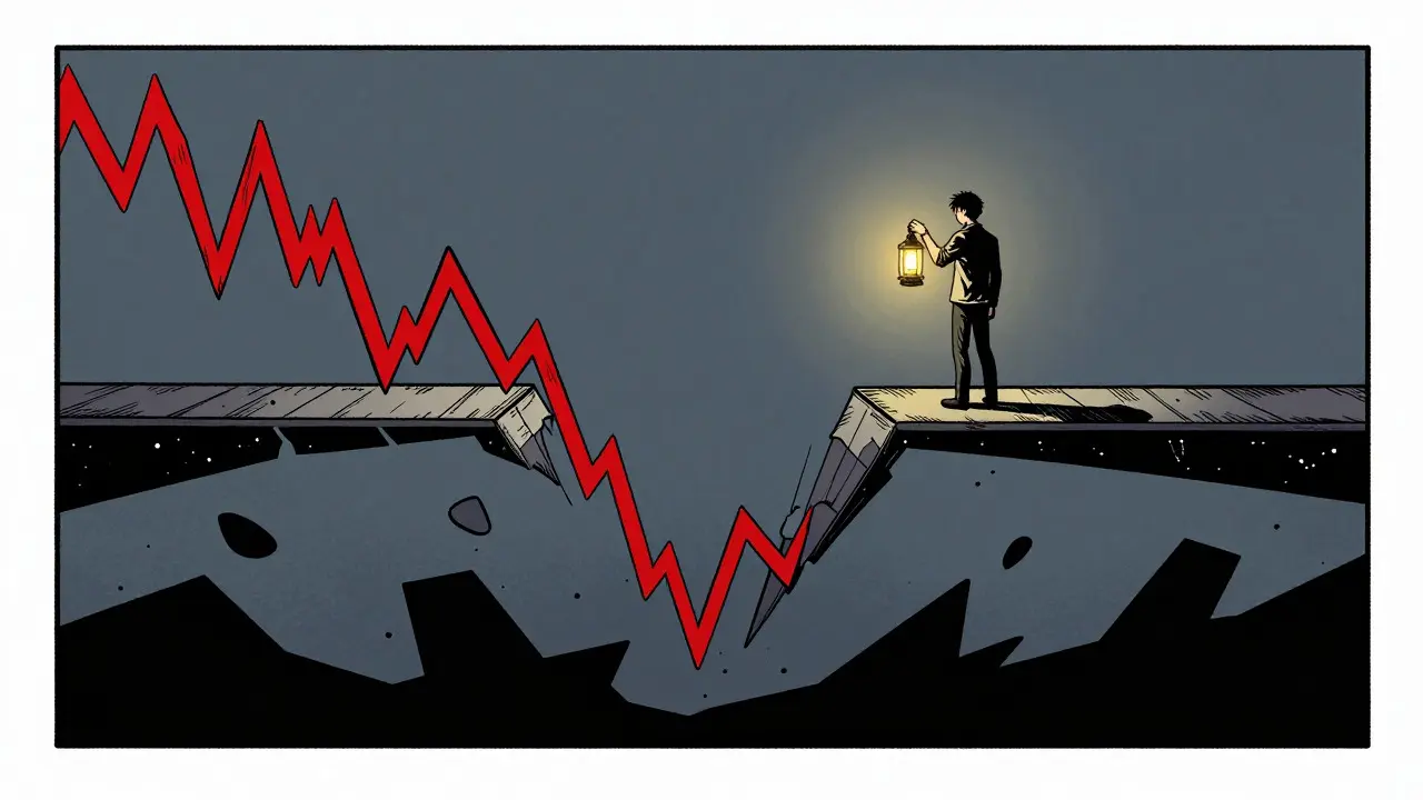 Comic book depiction of a person walking on a volatile stock chart bridge over an abyss