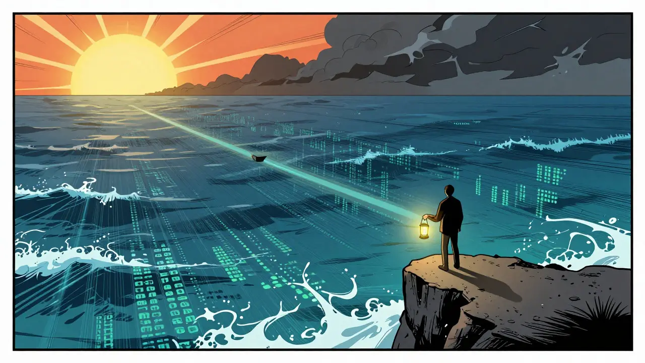 Comic book depiction of an investor holding a lantern on a cliff, navigating a turbulent digital ocean of risks and opportunities.