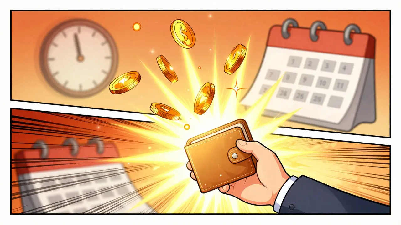 Comic book scene of a character successfully claiming glowing cryptocurrency tokens from a wallet.