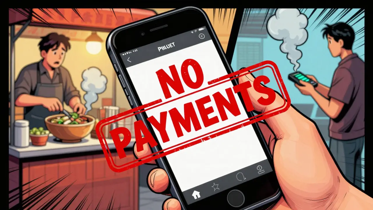 Comic panel illustrating crypto payment ban with pho vendor background