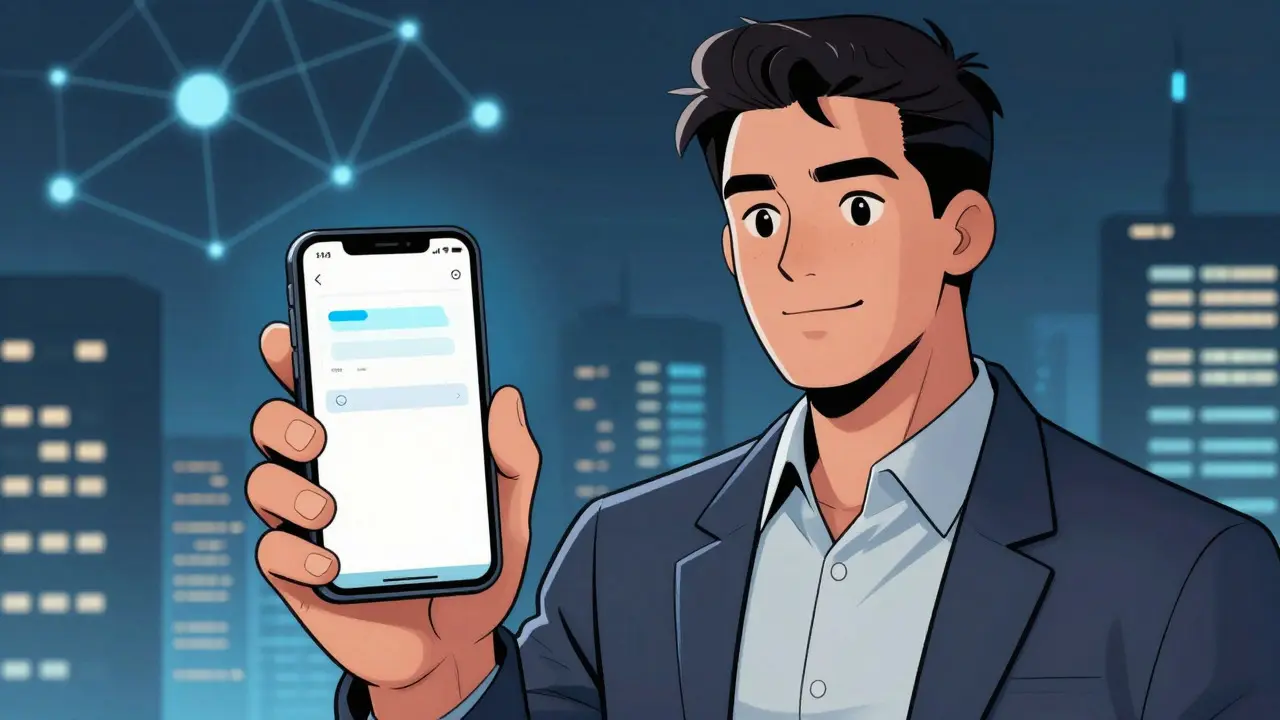 Confident trader using a mobile app interface in graphic novel style