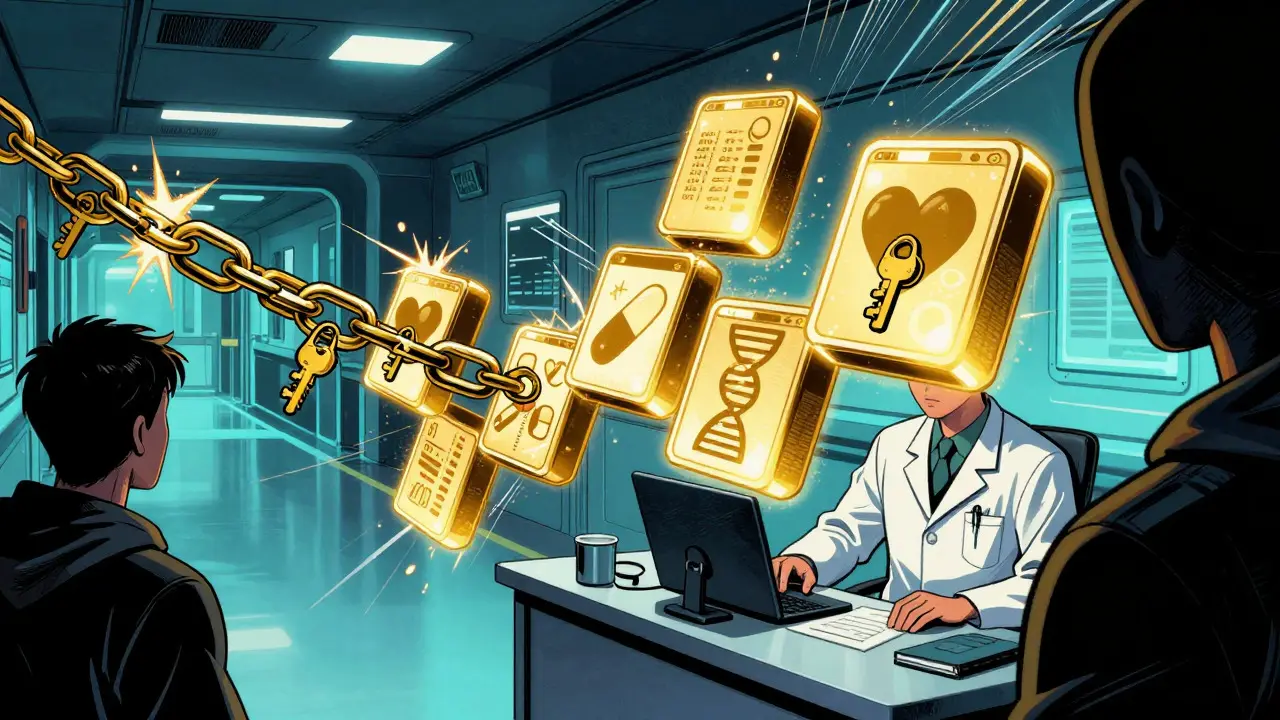 Doctor protecting patient records with glowing, unbreakable blockchain links.