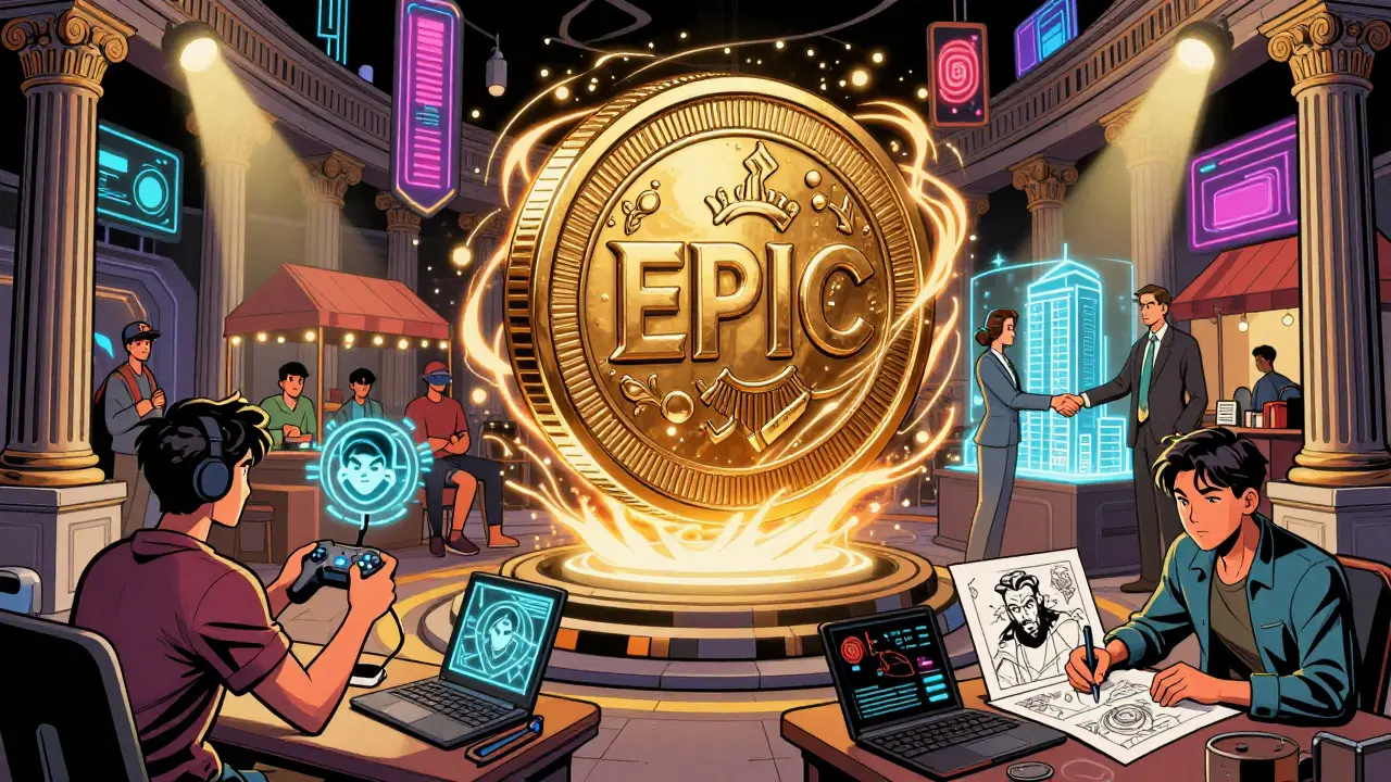 Futuristic marketplace hub connecting gamers, investors, and artists via EPIC tokens.