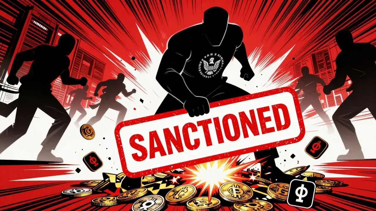 Government agent stamping sanctioned on crypto coins in graphic novel art