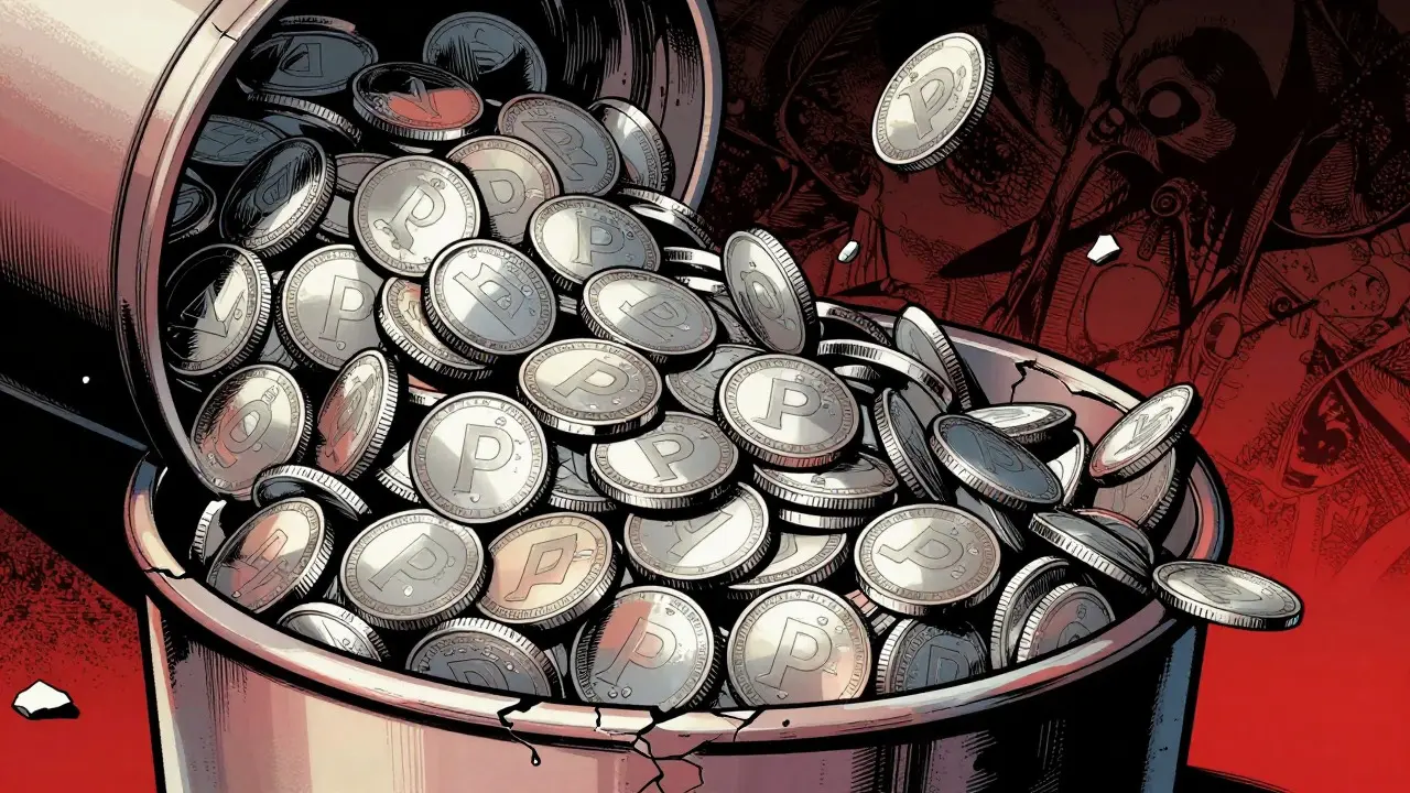 Graphic novel art of a chaotic pile of silver coins spilling out, symbolizing high token supply and inflation risks.