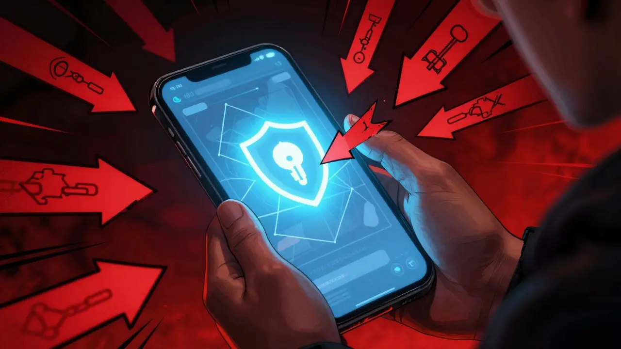 Graphic novel art of a user protecting their digital wallet from scam threats with a shield.