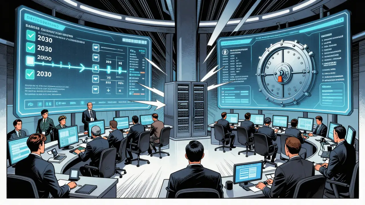 Graphic novel scene of regulators monitoring crypto compliance systems