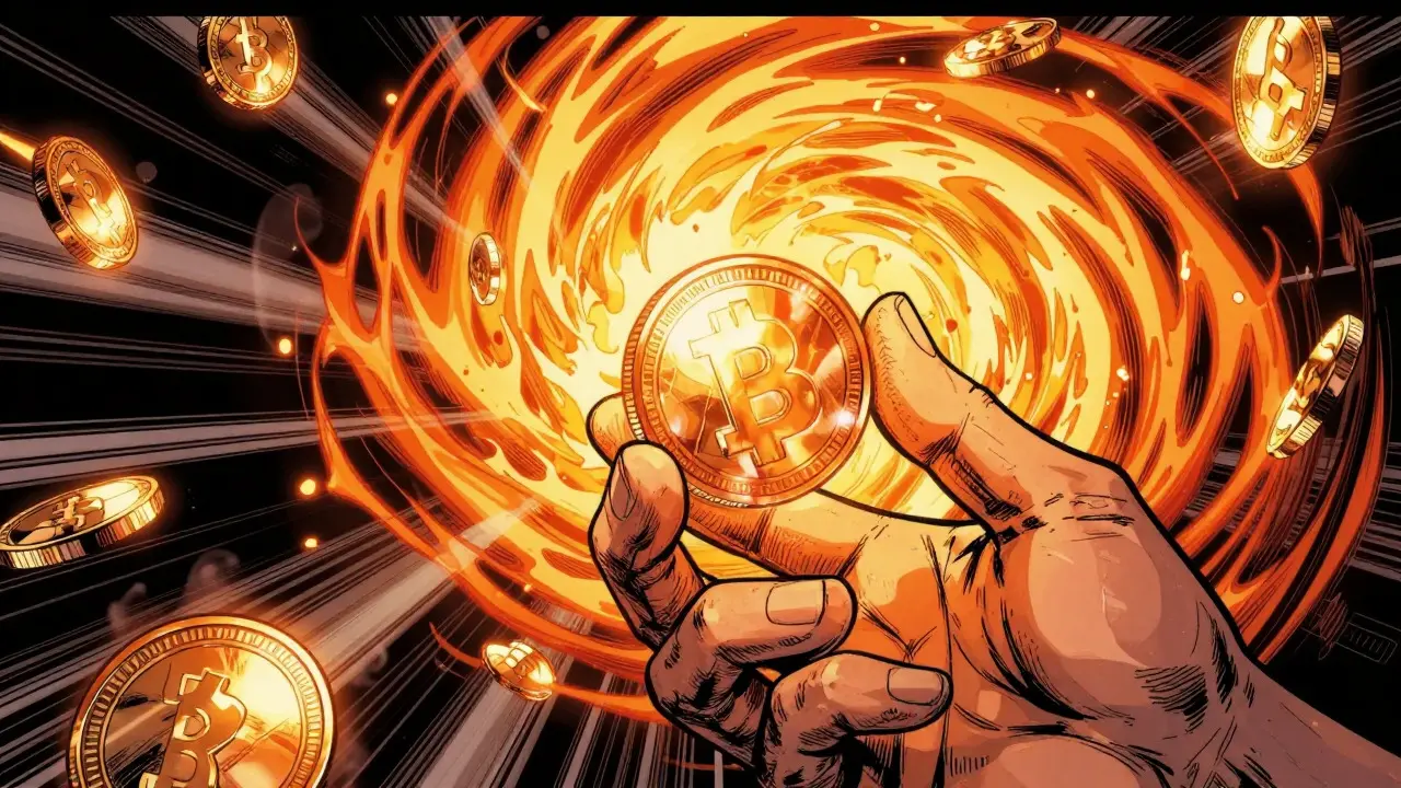 Graphic novel style illustration of a glowing coin surrounded by a fiery token burn vortex