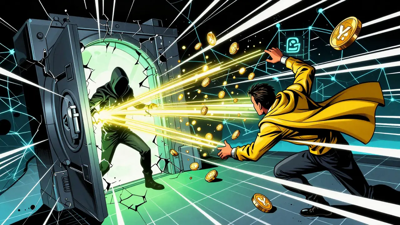 Hacker draining funds while an MEV bot tries to recover tokens during a DeFi exploit.