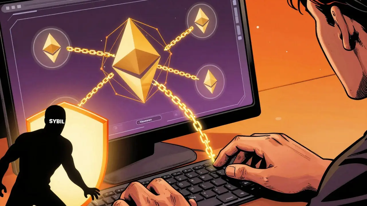 Hand connecting a wallet while fending off a sybil attacker shadow