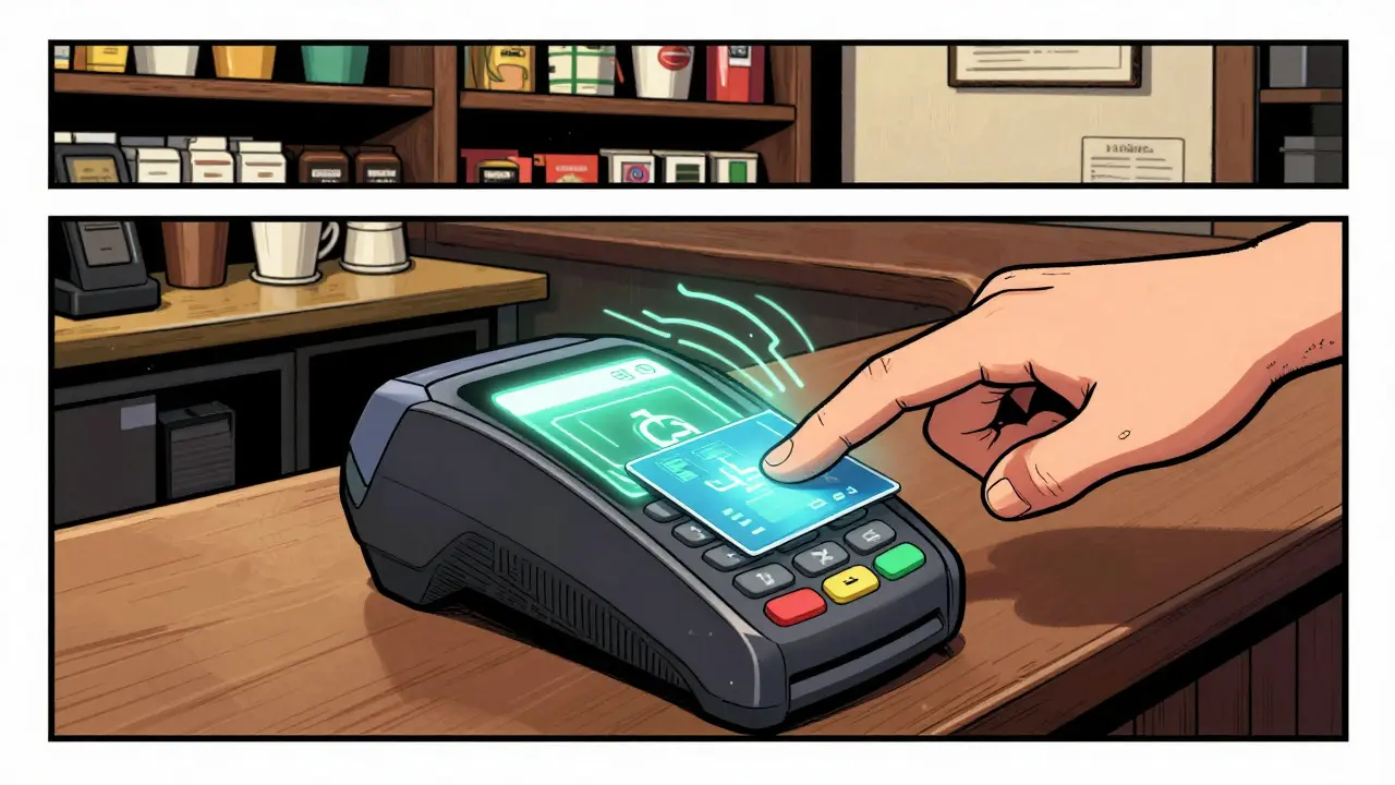 Hand using virtual card for coffee purchase in graphic novel style